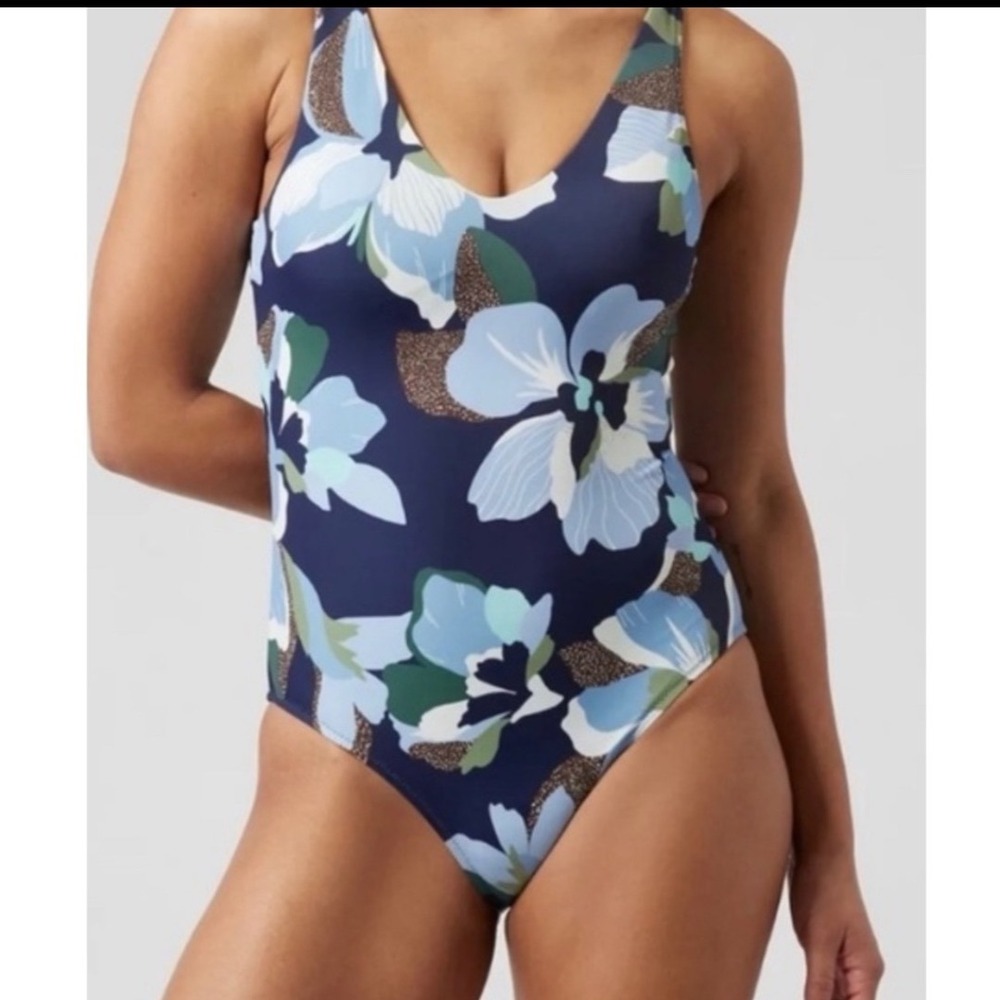 Athleta Seychelles One Piece Swimsuit Hero Bloom Blue Floral V-Neck Small